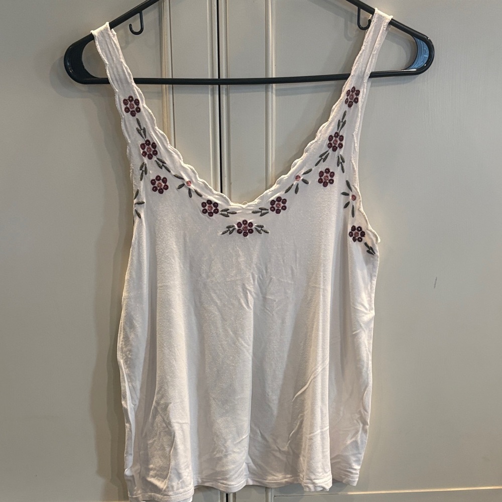 American Eagle Outfitters White Camisole with Purple Floral Embroidery